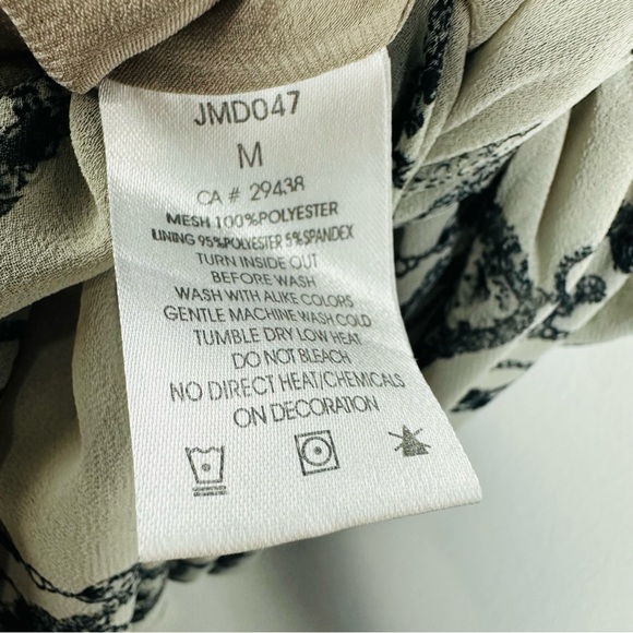 Miss Me Chandelier Print Ruched Lace Trim Slip Dress Beige Black Size Medium - Picture 11 of 12